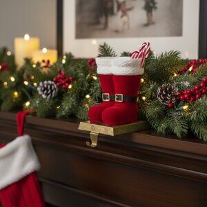 Santa Boots with Candy Canes Christmas Stocking Holder Holiday Mantel Decoration